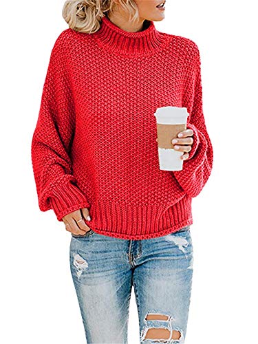 Tomwell Grobstrickpullover Sweatshirts Pulli Rundhals Langarm Lose Oberteile WinterRollkragenpullover Solid Wrap Gestrickt Langarmshirts Oberteile Casual A Rot M von Tomwell