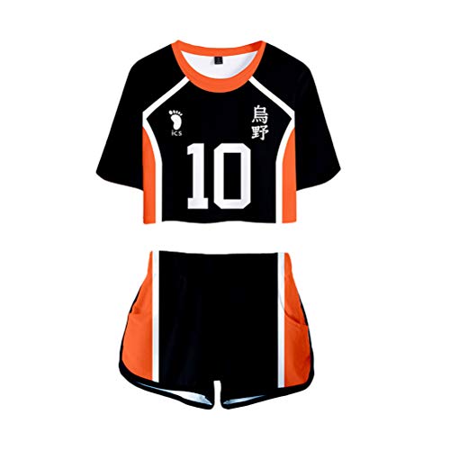 Tomwell Haikyuu Tshirt und Hosen Sets Damen Karasuno High School Volleyball Jersey Shirt und Shorts Anime 3D Druck Sommer Tops Sport Oberteile Kurze Crop Top für Damen Mädchen Schwarz F M von Tomwell