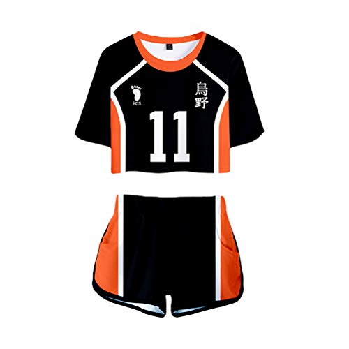 Tomwell Haikyuu Tshirt und Hosen Sets Damen Karasuno High School Volleyball Jersey Shirt und Shorts Anime 3D Druck Sommer Tops Sport Oberteile Kurze Crop Top für Damen Mädchen Schwarz G S von Tomwell