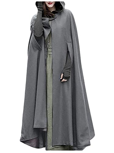 Tomwell Halloween Kostüm Weihnachten Mit Kapuze Lange Frauen Cape Winter Casual Vintage Mantel Mädchen Mode Knopf Weiblichen Umhang Wollmantel Grau XL von Tomwell