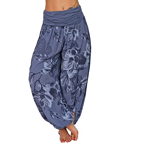 Tomwell Haremshose Damen Lang Lose Bedrucken Pumphose Leichte Sommer Lässige Blumenmuster Aladin Pants Yogahose Strandhose mit Elastischen Bund A Blau 3XL von Tomwell