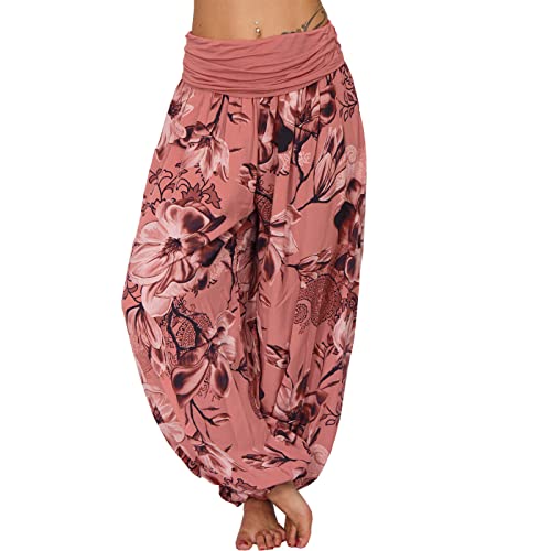 Tomwell Haremshose Damen Lang Lose Bedrucken Pumphose Leichte Sommer Lässige Blumenmuster Aladin Pants Yogahose Strandhose mit Elastischen Bund A Braun M von Tomwell