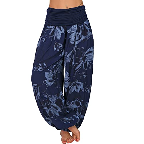 Tomwell Haremshose Damen Lang Lose Bedrucken Pumphose Leichte Sommer Lässige Blumenmuster Aladin Pants Yogahose Strandhose mit Elastischen Bund A Dunkelblau M von Tomwell