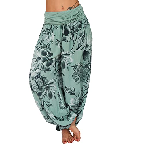 Tomwell Haremshose Damen Lang Lose Bedrucken Pumphose Leichte Sommer Lässige Blumenmuster Aladin Pants Yogahose Strandhose mit Elastischen Bund A Grün 3XL von Tomwell