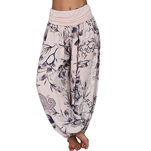 Tomwell Haremshose Damen Lang Lose Bedrucken Pumphose Leichte Sommer Lässige Blumenmuster Aladin Pants Yogahose Strandhose mit Elastischen Bund A Rosa M von Tomwell