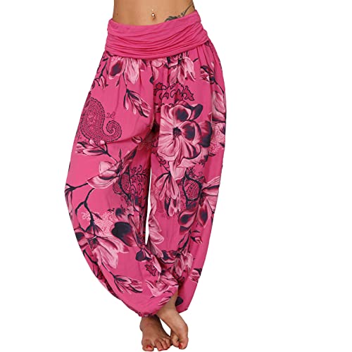 Tomwell Haremshose Damen Lang Lose Bedrucken Pumphose Leichte Sommer Lässige Blumenmuster Aladin Pants Yogahose Strandhose mit Elastischen Bund A Rose Rot M von Tomwell