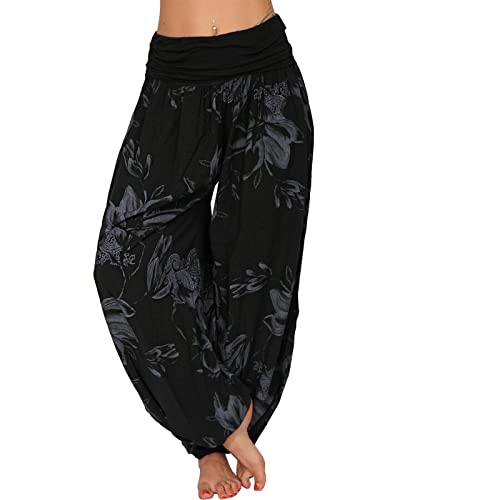 Tomwell Haremshose Damen Lang Lose Bedrucken Pumphose Leichte Sommer Lässige Blumenmuster Aladin Pants Yogahose Strandhose mit Elastischen Bund A Schwarz XL von Tomwell