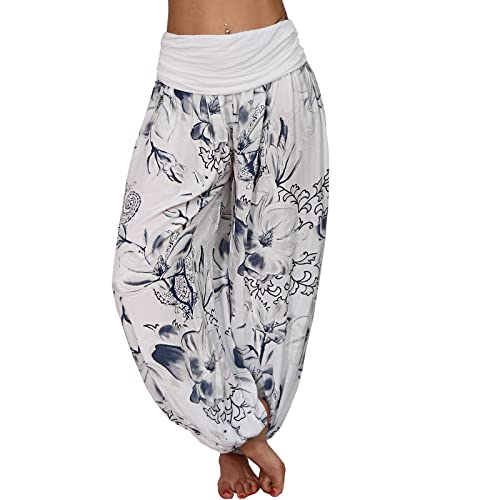 Tomwell Haremshose Damen Lang Lose Bedrucken Pumphose Leichte Sommer Lässige Blumenmuster Aladin Pants Yogahose Strandhose mit Elastischen Bund A Weiß 3XL von Tomwell