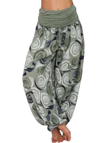 Tomwell Haremshose Damen Lang Lose Bedrucken Pumphose Leichte Sommer Lässige Blumenmuster Aladin Pants Yogahose Strandhose mit Elastischen Bund B Armeegrün 3XL von Tomwell