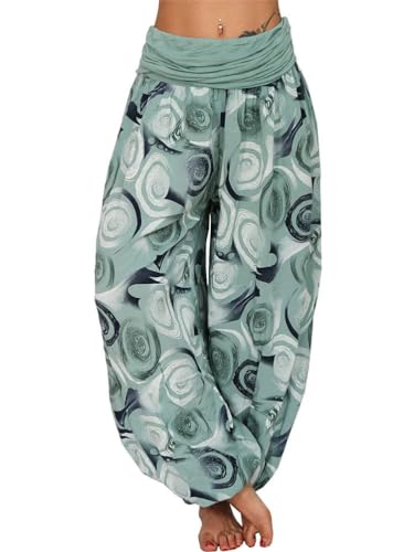 Tomwell Haremshose Damen Lang Lose Bedrucken Pumphose Leichte Sommer Lässige Blumenmuster Aladin Pants Yogahose Strandhose mit Elastischen Bund B Grün M von Tomwell