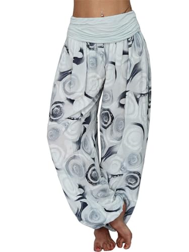 Tomwell Haremshose Damen Lang Lose Bedrucken Pumphose Leichte Sommer Lässige Blumenmuster Aladin Pants Yogahose Strandhose mit Elastischen Bund B Hellblau M von Tomwell