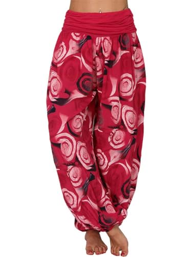 Tomwell Haremshose Damen Lang Lose Bedrucken Pumphose Leichte Sommer Lässige Blumenmuster Aladin Pants Yogahose Strandhose mit Elastischen Bund B Rot L von Tomwell