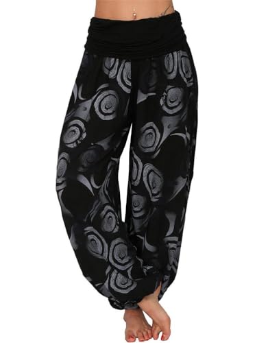 Tomwell Haremshose Damen Lang Lose Bedrucken Pumphose Leichte Sommer Lässige Blumenmuster Aladin Pants Yogahose Strandhose mit Elastischen Bund B Schwarz L von Tomwell