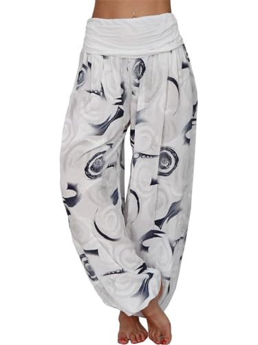 Tomwell Haremshose Damen Lang Lose Bedrucken Pumphose Leichte Sommer Lässige Blumenmuster Aladin Pants Yogahose Strandhose mit Elastischen Bund B Weiß S von Tomwell