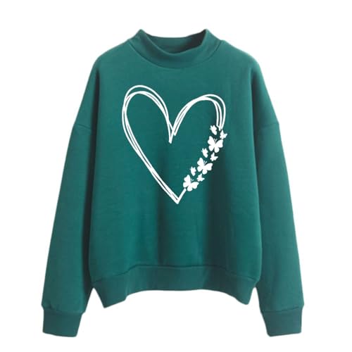 Tomwell Heart Print Pullover für Damen Druck Sweatshirt Top Langarm Sweatshirt ohne Kapuze Bluse Pullover Casual Streetwear für Teenager Mädchen Vintage Oberteile Shirts A Grün XXL von Tomwell