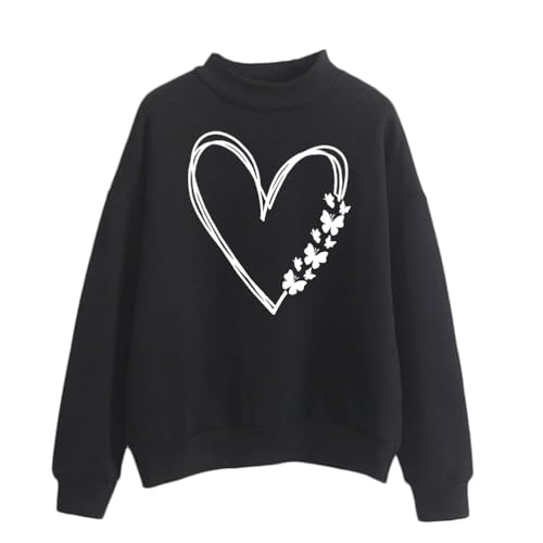 Tomwell Heart Print Pullover für Damen Druck Sweatshirt Top Langarm Sweatshirt ohne Kapuze Bluse Pullover Casual Streetwear für Teenager Mädchen Vintage Oberteile Shirts A Schwarz XXL von Tomwell