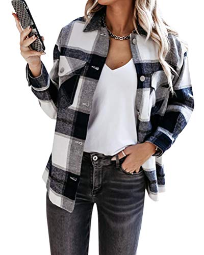 Tomwell Hemdjacke Kariertes Damen Taschen Knöpfen Langarm Oversize Bluse Mantel Hemdjacke Holzfällerjacke Mode Boyfreind Jeansjacke (M, A Schwarz) von Tomwell