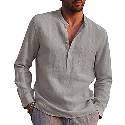 Tomwell Herren Hemd Leinenhemd Langarm Stehkragen Hemd Freizeit Sommer Hemd Shirts Hemd Herren mit V-Ausschnitt Vintage Loose Langarm Regular Fit Freizeithemd Casual Atmungsaktiv Shirt Grau M von Tomwell