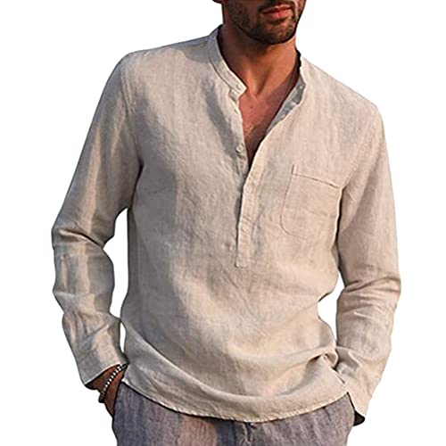 Tomwell Herren Hemd Leinenhemd Langarm Stehkragen Hemd Freizeit Sommer Hemd Shirts Hemd Herren mit V-Ausschnitt Vintage Loose Langarm Regular Fit Freizeithemd Casual Atmungsaktiv Shirt Khaki XL von Tomwell