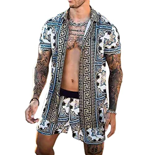 Tomwell Herren Hemd Set Hawaii Sommer Trainingsanzug Kurzarm Kleidung Set T-Shirt Top Shorts Blumen Bedrucktes Freizeitanzug Mode Floral Zweiteiler Jogginganzug Rundhals Casual Outfits B Blau L von Tomwell