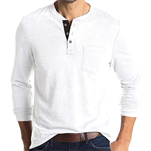 Tomwell Herren Henley Shirts Langarmshirt Casual T Shirt Slim Fit Knöpfe Basic Baumwolle T-Shirts Langarm Unterzieh T-Shirt mit mehrerer Farbe Oberteil für Männer A Weiß L von Tomwell