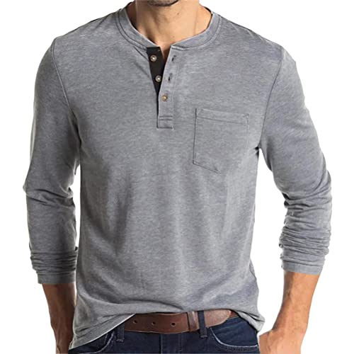 Tomwell Herren Henley Shirts Langarmshirt Casual T Shirt Slim Fit Knöpfe Basic T-Shirts mit Knopf Männer Langarm Shirts Einfarbig Longsleeve-Sweatshirt mit Tasche A Hellgrau 3XL von Tomwell