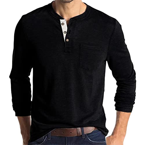 Tomwell Herren Henley Shirts Langarmshirt Casual T Shirt Slim Fit Knöpfe Basic T-Shirts mit Knopf Männer Langarm Shirts Einfarbig Longsleeve-Sweatshirt mit Tasche A Schwarz L von Tomwell