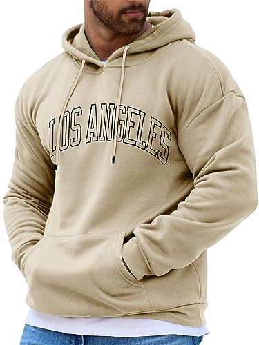 Tomwell Herren Hoodie Pullover mit Kapuze Oversized Kapuzenpullover für Männer Los Angeles Brief Grafik Hoodie Herbst Winter Pulli Langarm Sweatshirt Tops Sport Outerwear A Khaki M von Tomwell