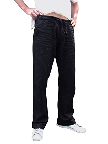 Tomwell Herren Hose Leinenhose Stoffhose Regular Fit Strandhose Leinen mit Kordelzug Straight Lange Hose Männer Mode Sommerhose 3 Schwarz 5XL von Tomwell