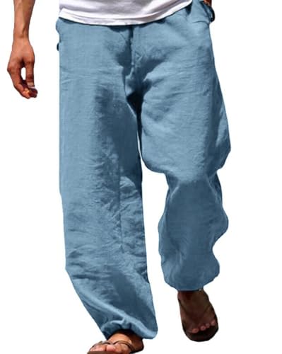 Tomwell Herren Hose Leinenhose Stoffhose Regular Fit Strandhose Leinen mit Kordelzug Straight Lange Hose Männer Mode Sommerhose C Blau 4XL von Tomwell