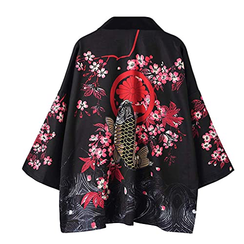 Tomwell Herren Japanischen Kimono Cardiqan Bademantel Morgenmantel Robe Dreiviertel-Ärmel Mit Lockerem Yin Yang und Drachen Drucken Unisex Lose Bluse Sommer Tops B Schwarz XXL von Tomwell