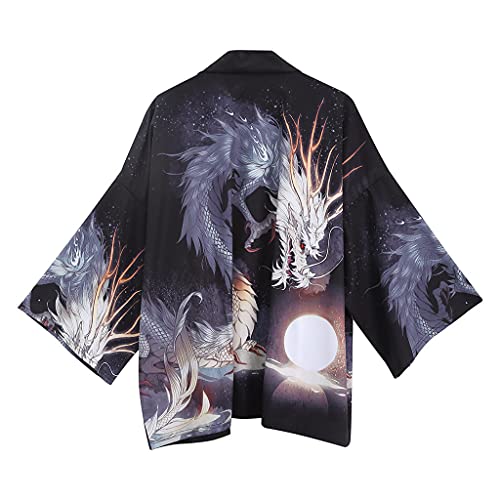 Tomwell Herren Japanischen Kimono Cardiqan Bademantel Morgenmantel Robe Dreiviertel-Ärmel Mit Lockerem Yin Yang und Drachen Drucken Unisex Lose Bluse Sommer Tops C L von Tomwell