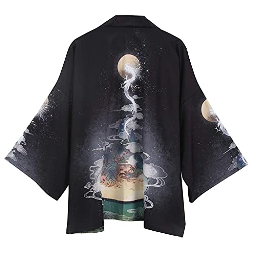 Tomwell Herren Japanischen Kimono Cardiqan Bademantel Morgenmantel Robe Dreiviertel-Ärmel Mit Lockerem Yin Yang und Drachen Drucken Unisex Lose Bluse Sommer Tops D Schwarz L von Tomwell