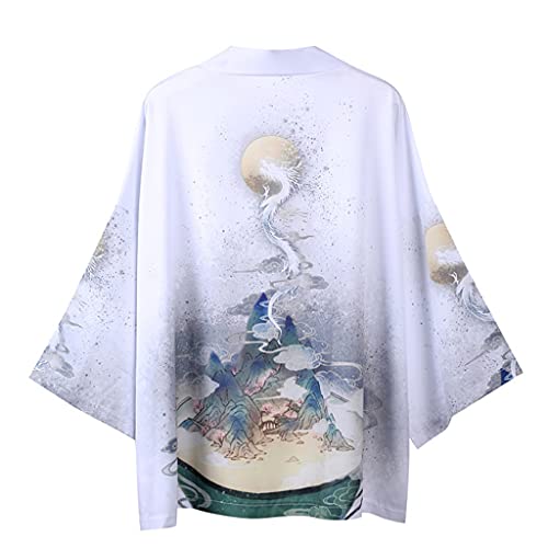 Tomwell Herren Japanischen Kimono Cardiqan Bademantel Morgenmantel Robe Dreiviertel-Ärmel Mit Lockerem Yin Yang und Drachen Drucken Unisex Lose Bluse Sommer Tops D Weiß XXL von Tomwell