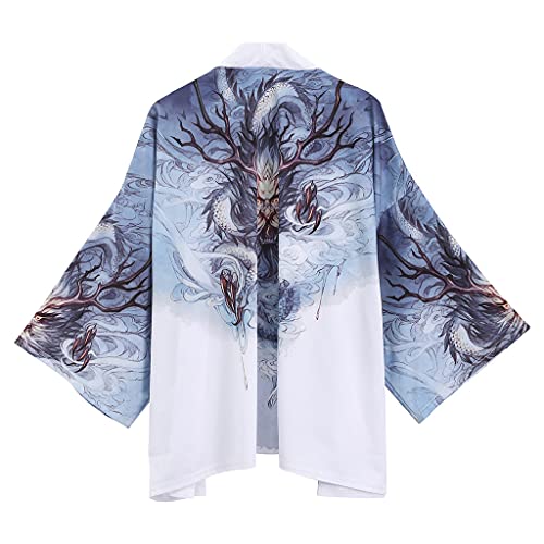 Tomwell Herren Japanischen Kimono Cardiqan Bademantel Morgenmantel Robe Dreiviertel-Ärmel Mit Lockerem Yin Yang und Drachen Drucken Unisex Lose Bluse Sommer Tops F XL von Tomwell