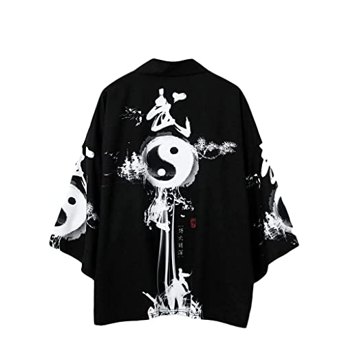 Tomwell Herren Japanischen Kimono Cardiqan Bademantel Morgenmantel Robe Dreiviertel-Ärmel Mit Lockerem Yin Yang und Drachen Drucken Unisex Lose Bluse Sommer Tops G Schwarz M von Tomwell