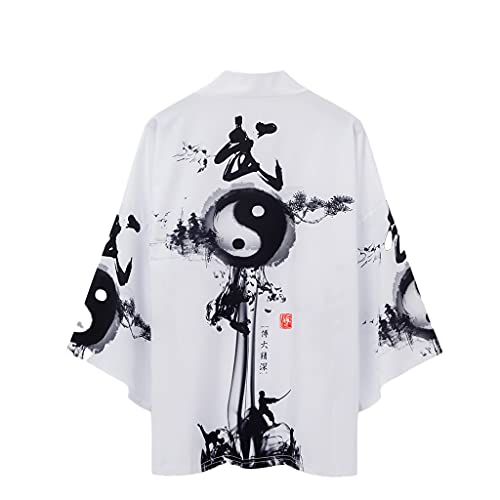 Tomwell Herren Japanischen Kimono Cardiqan Bademantel Morgenmantel Robe Dreiviertel-Ärmel Mit Lockerem Yin Yang und Drachen Drucken Unisex Lose Bluse Sommer Tops G Weiß XL von Tomwell