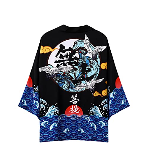 Tomwell Herren Japanischen Kimono Cardiqan Bademantel Morgenmantel Robe Dreiviertel-Ärmel Mit Lockerem Yin Yang und Drachen Drucken Unisex Lose Bluse Sommer Tops H M von Tomwell