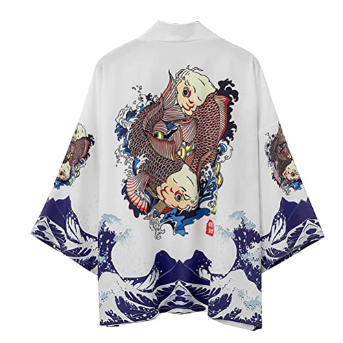 Tomwell Herren Japanischen Kimono Cardiqan Bademantel Morgenmantel Robe Dreiviertel-Ärmel Mit Lockerem Yin Yang und Drachen Drucken Unisex Lose Bluse Sommer Tops Q Weiß XL von Tomwell