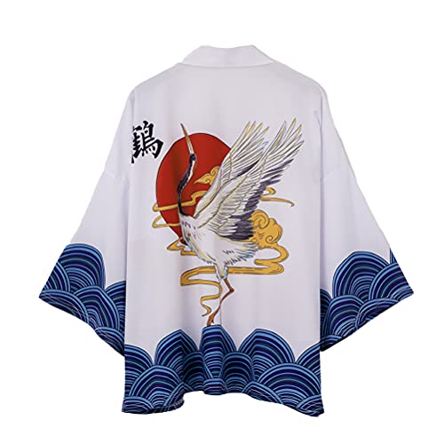 Tomwell Herren Japanischen Kimono Cardiqan Bademantel Morgenmantel Robe Dreiviertel-Ärmel Mit Lockerem Yin Yang und Drachen Drucken Unisex Lose Bluse Sommer Tops R Weiß XL von Tomwell