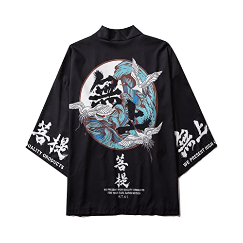 Tomwell Herren Japanischen Kimono Cardiqan Bademantel Morgenmantel Robe Dreiviertel-Ärmel Mit Lockerem Yin Yang und Drachen Drucken Unisex Lose Bluse Sommer Tops S Schwarz M von Tomwell