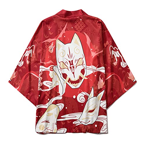 Tomwell Herren Japanischen Kimono Cardiqan Bademantel Morgenmantel Robe Dreiviertel-Ärmel Mit Lockerem Yin Yang und Drachen Drucken Unisex Lose Bluse Sommer Tops T Rot M von Tomwell