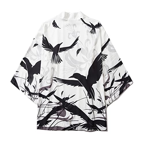 Tomwell Herren Japanischen Kimono Cardiqan Bademantel Morgenmantel Robe Dreiviertel-Ärmel Mit Lockerem Yin Yang und Drachen Drucken Unisex Lose Bluse Sommer Tops T Weiß XXL von Tomwell