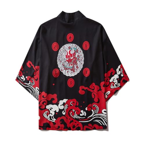 Tomwell Herren Japanischen Kimono Cardiqan Bademantel Morgenmantel Robe Dreiviertel-Ärmel Mit Lockerem Yin Yang und Drachen Drucken Unisex Lose Bluse Sommer Tops U 06 Schwarz 2XL von Tomwell