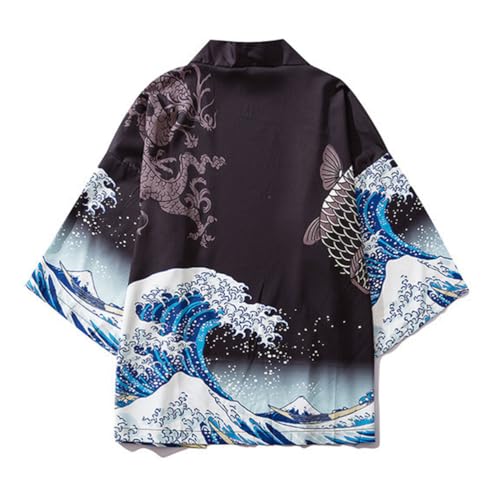 Tomwell Herren Japanischen Kimono Cardiqan Bademantel Morgenmantel Robe Dreiviertel-Ärmel Mit Lockerem Yin Yang und Drachen Drucken Unisex Lose Bluse Sommer Tops U 07 Schwarz L von Tomwell