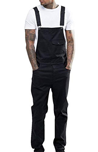 Tomwell Herren Jeans Latzhose Lange Jeanshose Jumpsuit Suspender Pants Retro Denim Bib Skinny Fit Streetwear Stone-Washed Zerreißen Arbeitshosen Qualität mit Taschen C Schwarz 3XL von Tomwell