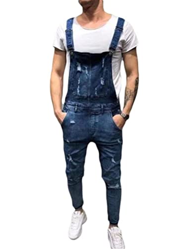 Tomwell Herren Jeans Latzhose Lange Jeanshose Jumpsuit Suspender Pants Retro Denim Bib Skinny Fit Streetwear Stone-Washed Zerreißen Arbeitshosen Qualität mit Taschen E Dunkelblau L von Tomwell