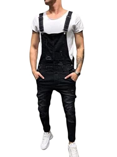 Tomwell Herren Jeans Latzhose Lange Jeanshose Jumpsuit Suspender Pants Retro Denim Bib Skinny Fit Streetwear Stone-Washed Zerreißen Arbeitshosen Qualität mit Taschen E Schwarz M von Tomwell