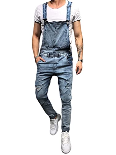 Tomwell Herren Jeans Latzhose Lange Jeanshose Jumpsuit Suspender Pants Retro Denim Bib Skinny Fit Streetwear Stone-Washed Zerreißen Arbeitshosen Qualität mit Taschen F Blau M von Tomwell