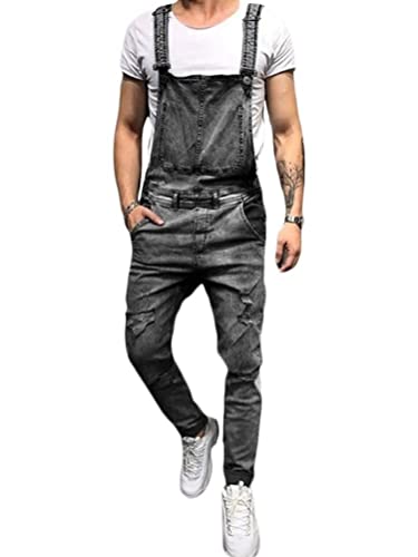 Tomwell Herren Jeans Latzhose Lange Jeanshose Jumpsuit Suspender Pants Retro Denim Bib Skinny Fit Streetwear Stone-Washed Zerreißen Arbeitshosen Qualität mit Taschen F Grau S von Tomwell